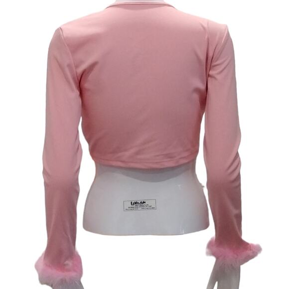 Women's Long Sleeve Tie Up Crop Top Feather Trim Deep V Neck Size Large - Picture 3 of 4